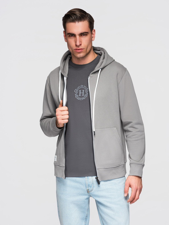 Ombre Clothing Pánska bavlnená mikina BASIC s kapucňou na zips - sivá V8 OM-SSBZ-0272 Ombre Clothing