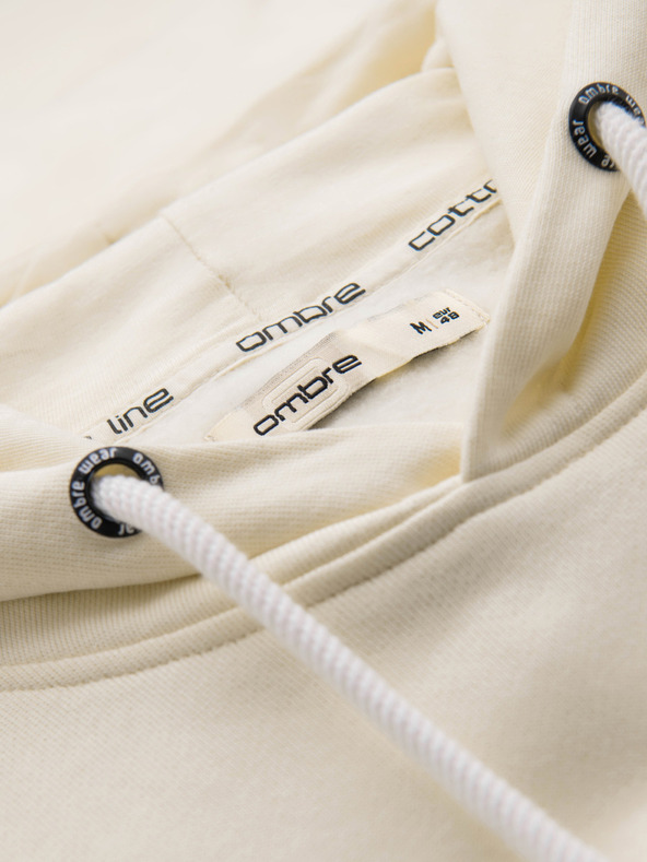 Ombre Clothing Pánska bavlnená mikina BASIC s klokankou a kapucňou - krémová Ombre Clothing