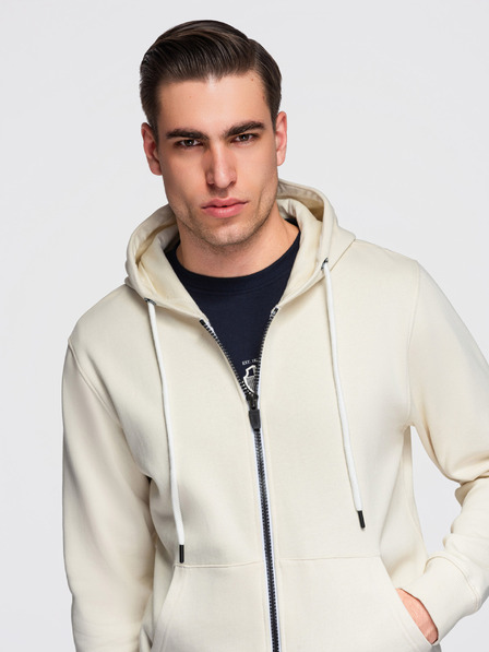 Ombre Clothing Pánska bavlnená elastická mikina s kapucňou BASIC - krémová V11 OM-SSBZ-0272 Ombre Clothing