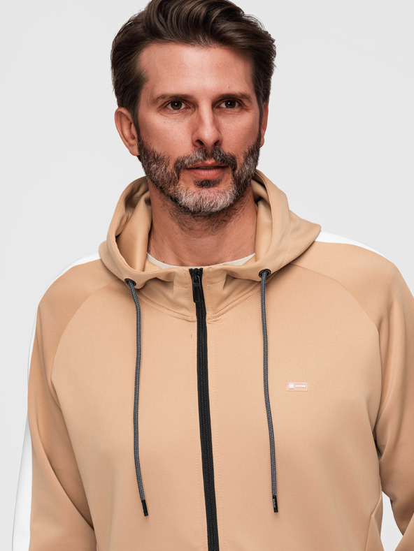Ombre Clothing Pánska mikina s kapucňou bez gombíkov a lemovaním - béžová V4 B1717 Ombre Clothing