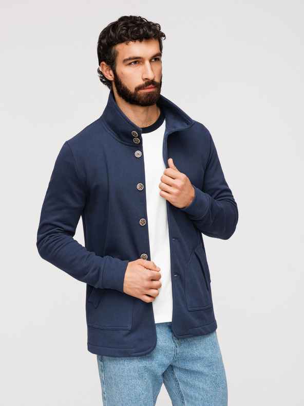 Ombre Clothing Pánska pletená mikina so stojáčikom - tmavě modrá V4 B1716 Ombre Clothing