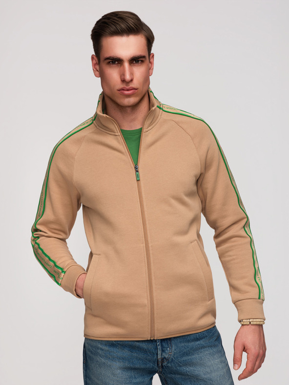 Ombre Clothing Pánska mikina na zips s kontrastným lemovaním a vysokým límcom - hnedá V1 B1715 Ombre Clothing