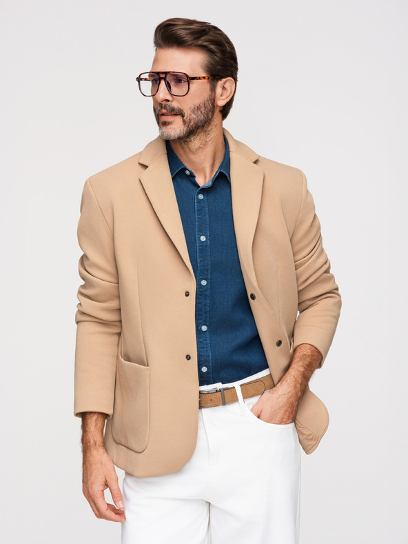 Ombre Clothing Pánska štruktúrovaná bunda s vysokým límcom a kapucňou - svetlě hnedá V1 M167 Ombre Clothing