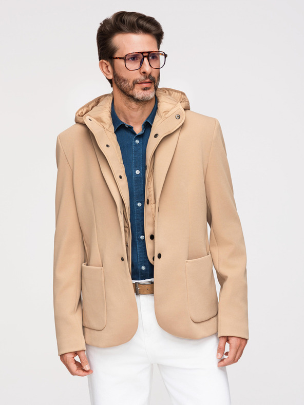 Ombre Clothing Pánska štruktúrovaná bunda s vysokým límcom a kapucňou - svetlě hnedá V1 M167 Ombre Clothing