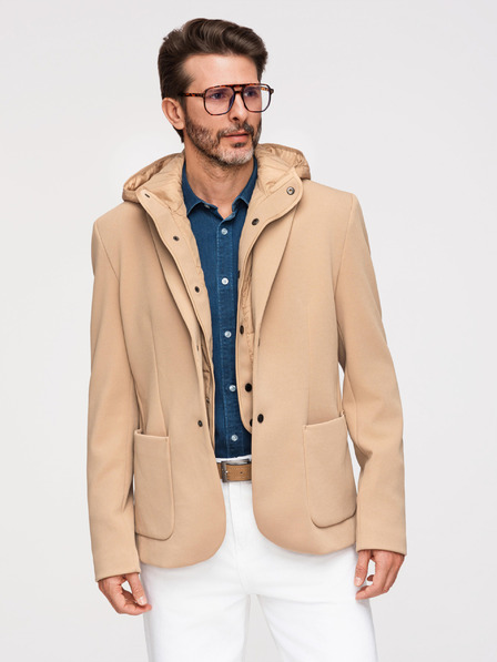 Ombre Clothing Pánska štruktúrovaná bunda s vysokým límcom a kapucňou - svetlě hnedá V1 M167 Ombre Clothing