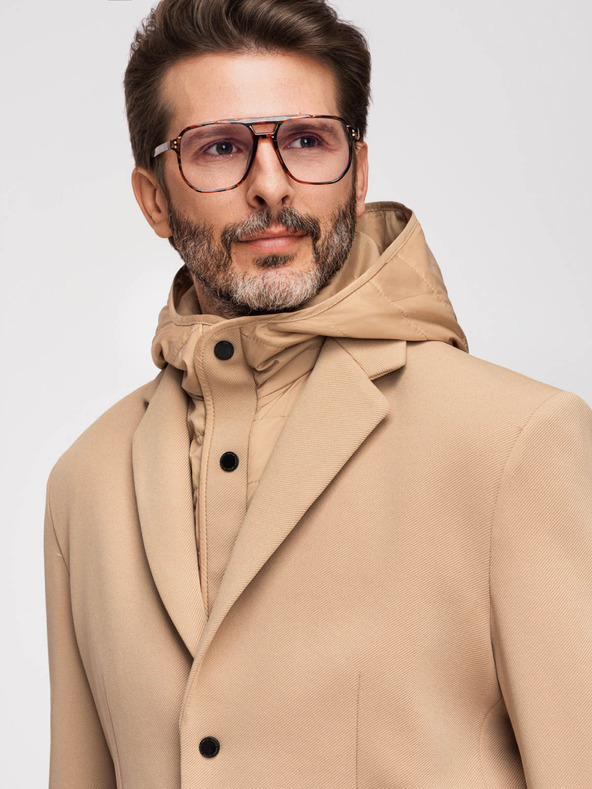 Ombre Clothing Pánska štruktúrovaná bunda s vysokým límcom a kapucňou - svetlě hnedá V1 M167 Ombre Clothing