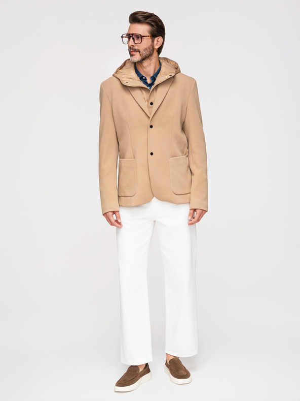 Ombre Clothing Pánska štruktúrovaná bunda s vysokým límcom a kapucňou - svetlě hnedá V1 M167 Ombre Clothing