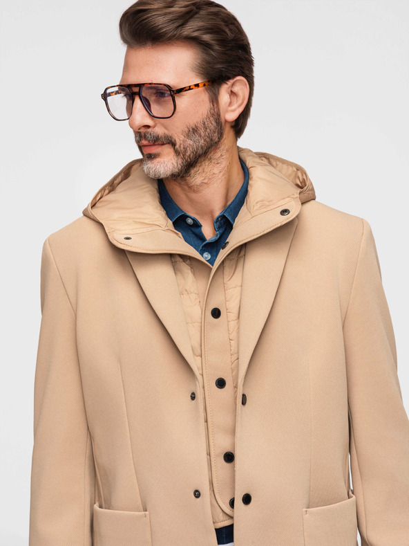 Ombre Clothing Pánska štruktúrovaná bunda s vysokým límcom a kapucňou - svetlě hnedá V1 M167 Ombre Clothing