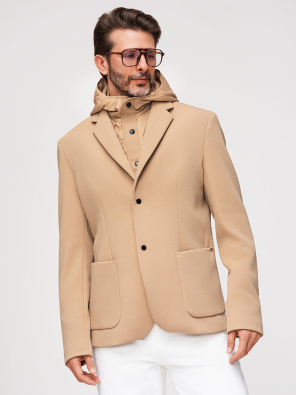 Ombre Clothing Pánska štruktúrovaná bunda s vysokým límcom a kapucňou - svetlě hnedá V1 M167 Ombre Clothing