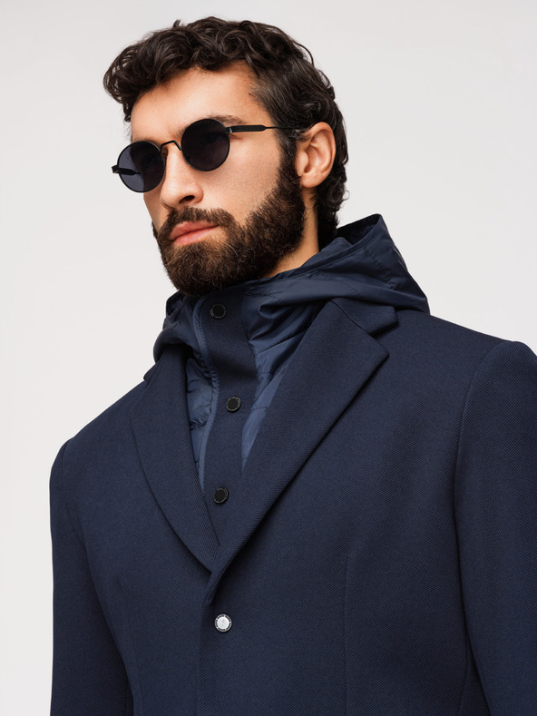 Ombre Clothing Pánska štruktúrovaná bunda s kapucňou a vysokým límcom - tmavě modrá V3 M167 Ombre Clothing