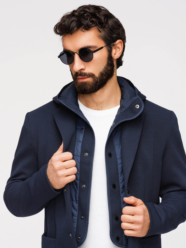 Ombre Clothing Pánska štruktúrovaná bunda s kapucňou a vysokým límcom - tmavě modrá V3 M167 Ombre Clothing