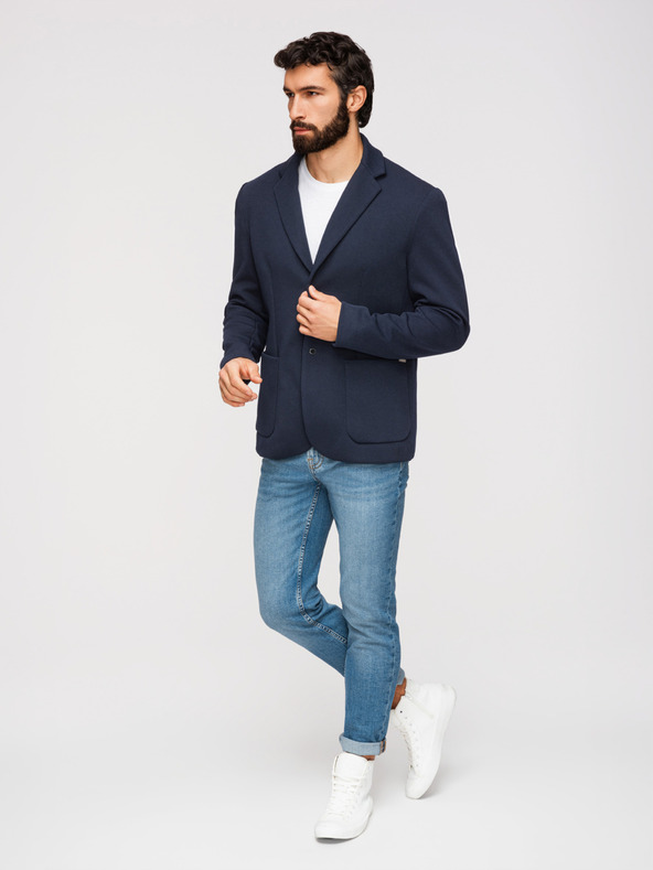 Ombre Clothing Pánska štruktúrovaná bunda s kapucňou a vysokým límcom - tmavě modrá V3 M167 Ombre Clothing