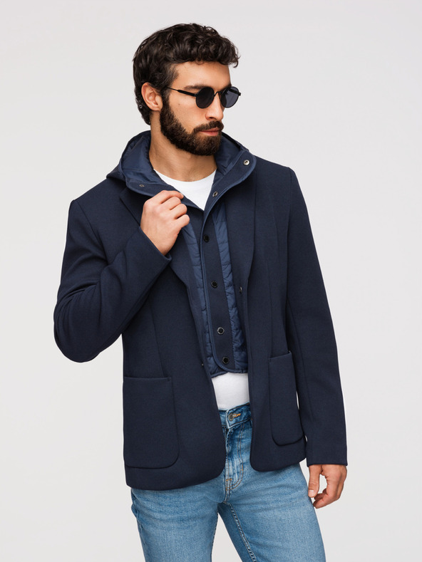 Ombre Clothing Pánska štruktúrovaná bunda s kapucňou a vysokým límcom - tmavě modrá V3 M167 Ombre Clothing