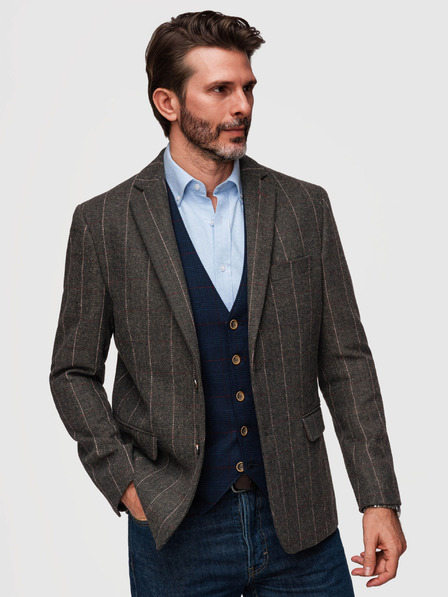 Ombre Clothing Pánske elegantné jemne kockované sako z vlnenej zmesi - tmavě hnedé V3 M166 Ombre Clothing