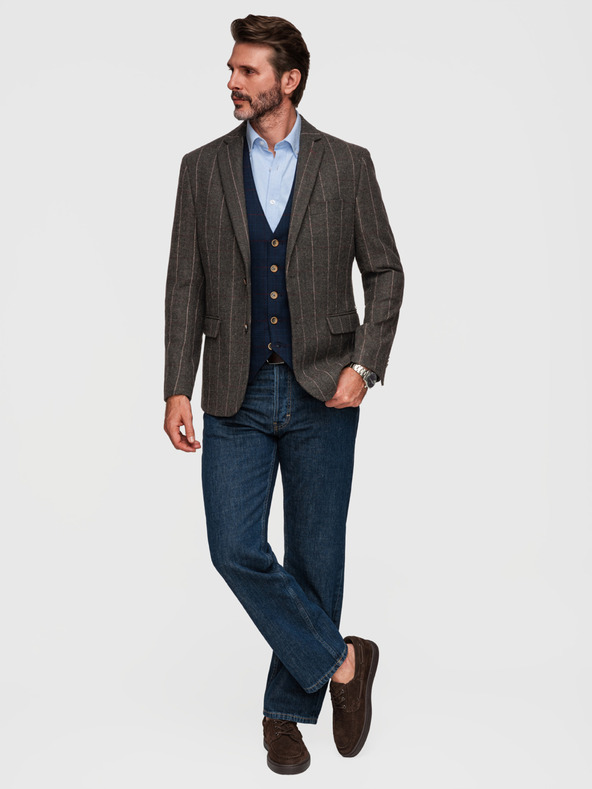 Ombre Clothing Pánske elegantné jemne kockované sako z vlnenej zmesi - tmavě hnedé V3 M166 Ombre Clothing