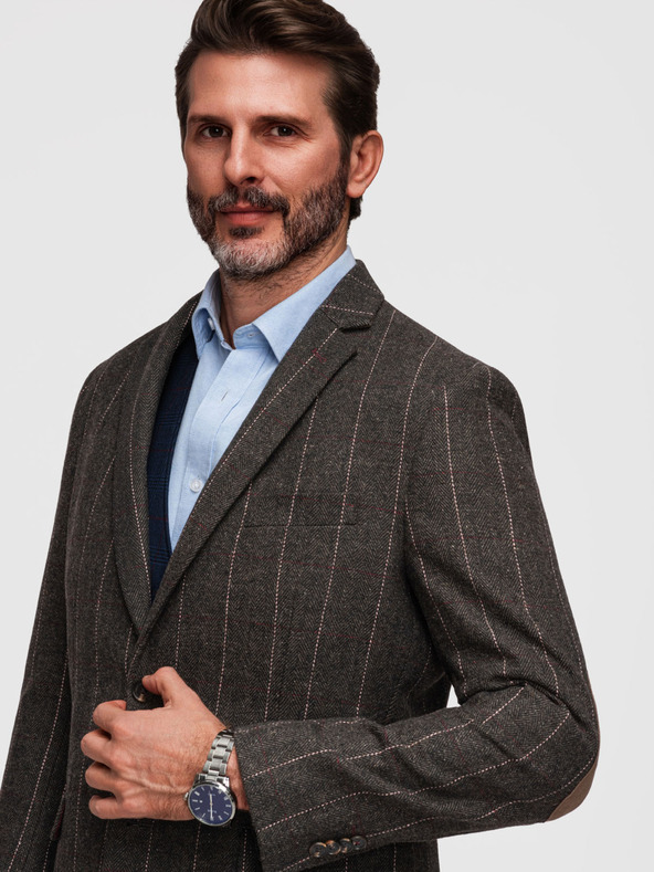 Ombre Clothing Pánske elegantné jemne kockované sako z vlnenej zmesi - tmavě hnedé V3 M166 Ombre Clothing