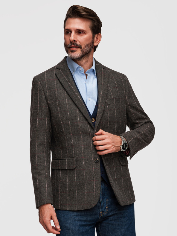 Ombre Clothing Pánske elegantné jemne kockované sako z vlnenej zmesi - tmavě hnedé V3 M166 Ombre Clothing