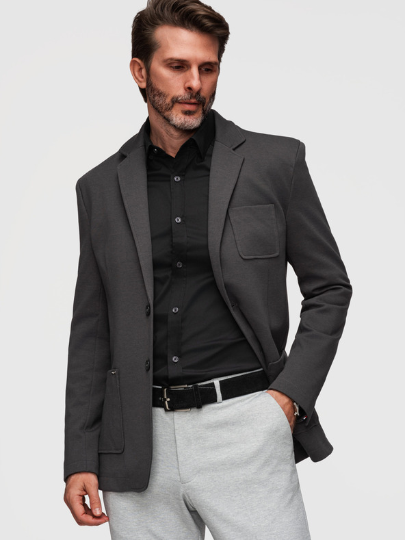 Ombre Clothing Pánske pletené sako úzkeho strihu s jemnou štruktúrou - grafitové V1 M165 Ombre Clothing