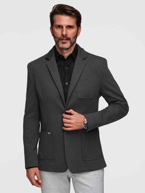 Ombre Clothing Pánske pletené sako úzkeho strihu s jemnou štruktúrou - grafitové V1 M165 Ombre Clothing