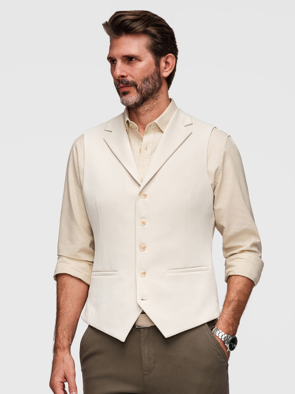 Ombre Clothing Elegantná pánska vesta s klopami - béžová V2 V66 Ombre Clothing