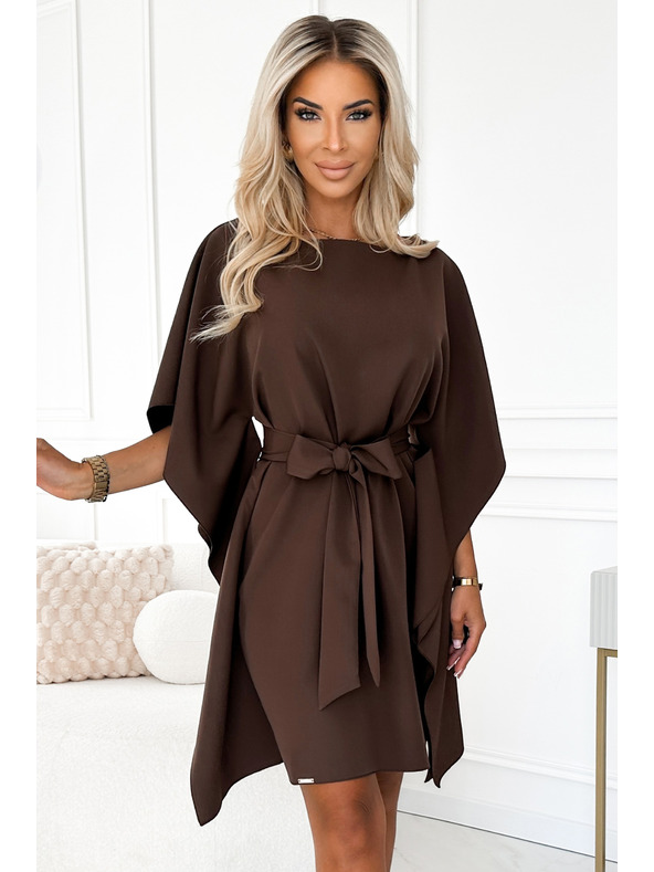 numoco SOFIA Motýlikové šaty so zaväzovaním v páse - čokoládová farba