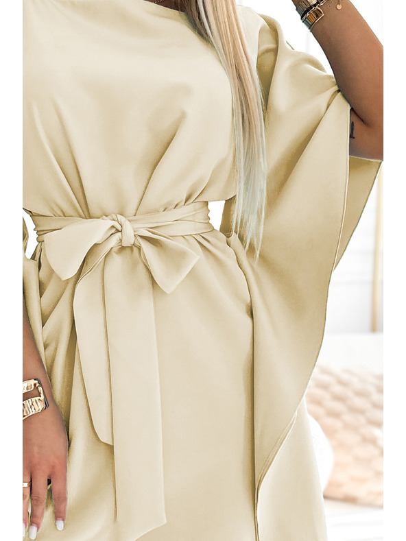 numoco SOFIA Motýlikové šaty so zaväzovaním v páse - béžové