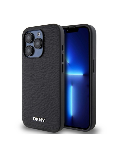 DKNY PU kožený strieborný zadný kryt s kovovým logom Magsafe pre iPhone 15 Pro Black DKNY