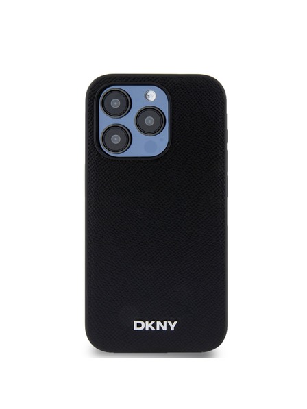 DKNY PU kožený strieborný zadný kryt s kovovým logom Magsafe pre iPhone 15 Pro Black DKNY