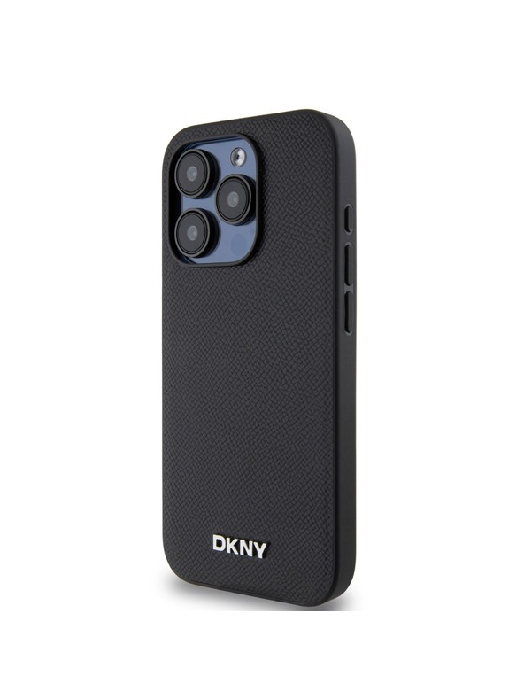 DKNY PU kožený strieborný zadný kryt s kovovým logom Magsafe pre iPhone 15 Pro Black DKNY
