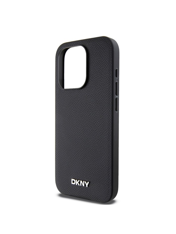 DKNY PU kožený strieborný zadný kryt s kovovým logom Magsafe pre iPhone 15 Pro Black DKNY