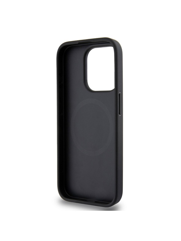 DKNY PU kožený strieborný zadný kryt s kovovým logom Magsafe pre iPhone 15 Pro Black DKNY