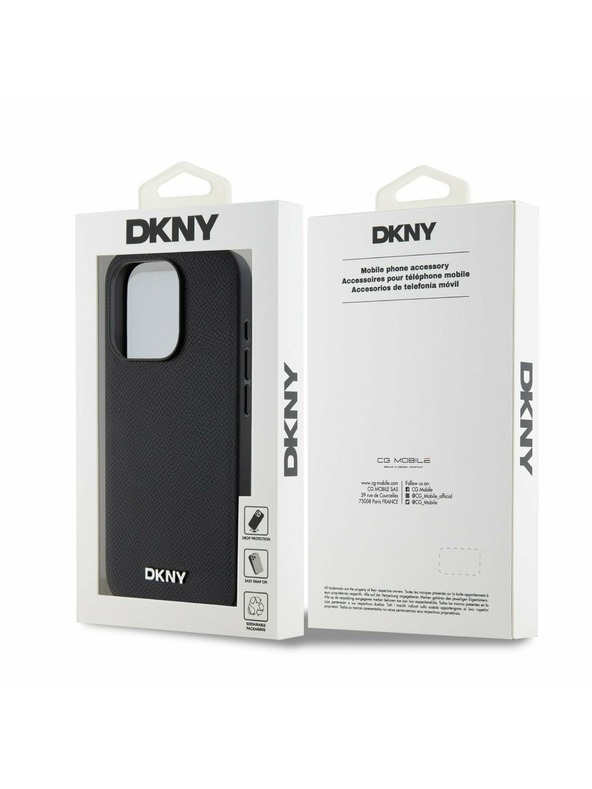 DKNY PU kožený strieborný zadný kryt s kovovým logom Magsafe pre iPhone 15 Pro Black DKNY