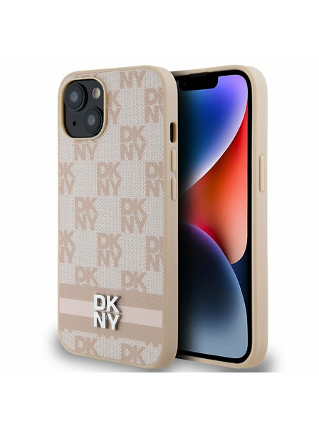 DKNY PU kožený zadný kryt s károvaným vzorom a pruhmi pre iPhone 13 ružový DKNY