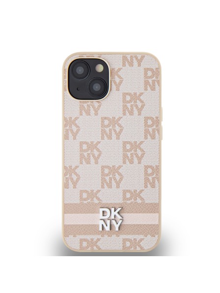DKNY PU kožený zadný kryt s károvaným vzorom a pruhmi pre iPhone 13 ružový DKNY