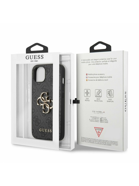 Guess PU 4G Metal Logo Zadní Kryt pro iPhone 13 Grey Obal na telefón