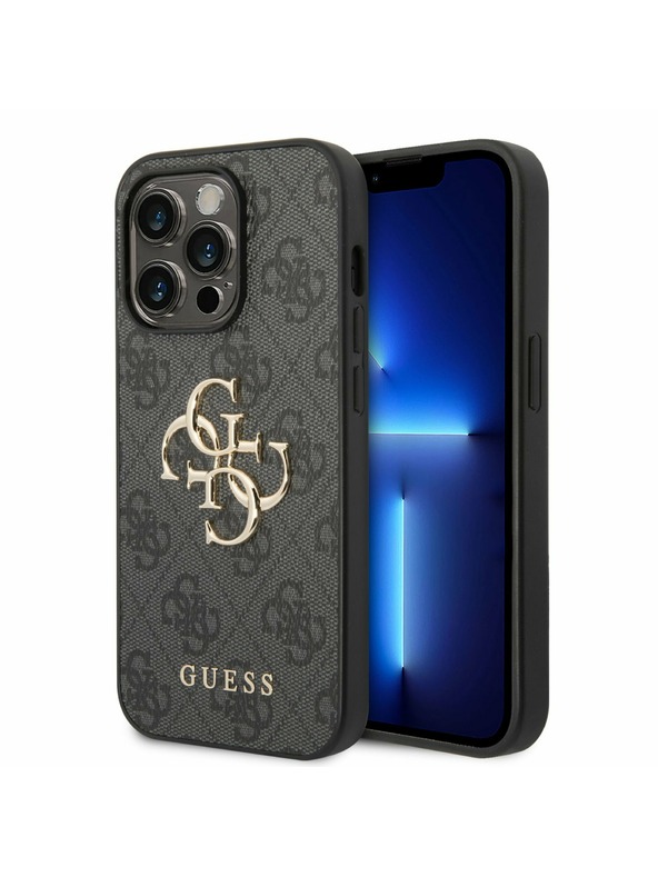 Guess Guess PU 4G zadný kryt s kovovým logom pre iPhone 14 Pro sivý