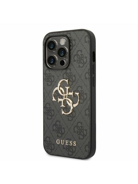 Guess Guess PU 4G zadný kryt s kovovým logom pre iPhone 14 Pro sivý