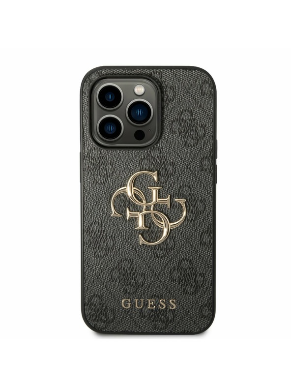 Guess Guess PU 4G zadný kryt s kovovým logom pre iPhone 14 Pro sivý