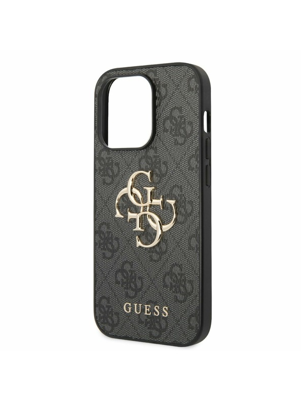 Guess Guess PU 4G zadný kryt s kovovým logom pre iPhone 14 Pro sivý