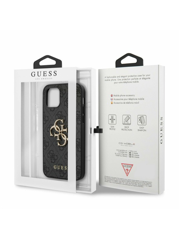 Guess PU 4G Metal Logo Zadní Kryt pro iPhone 12/12 Pro Grey Obal na telefón