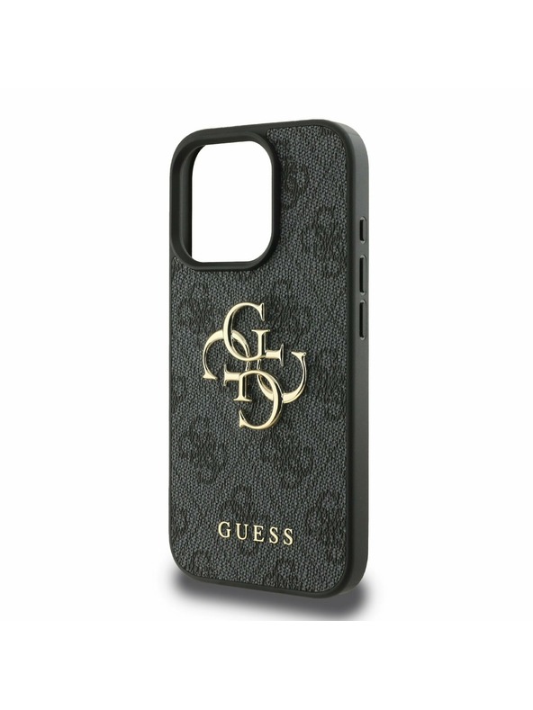 Guess Guess PU 4G zadný kryt s kovovým logom pre iPhone 16 Pro sivý
