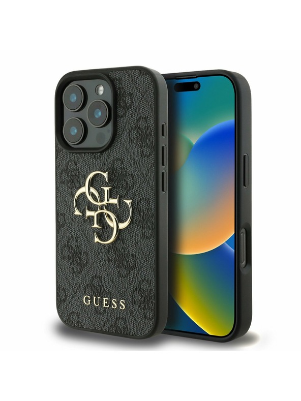 Guess Guess PU 4G Metal Logo Zadný kryt pre iPhone 16 Pro Max sivý
