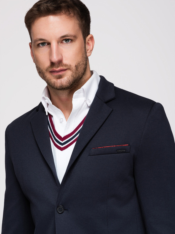 Ombre Clothing Pánske pletené sako strihu SLIM FIT - tmavo modré V3 M170 Ombre Clothing