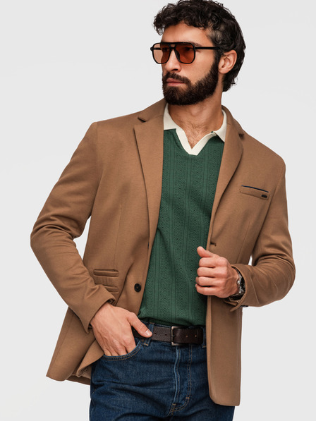 Ombre Clothing Pletené pánske sako SLIM FIT na mieru - svetlo hnedé V4 M170 Ombre Clothing