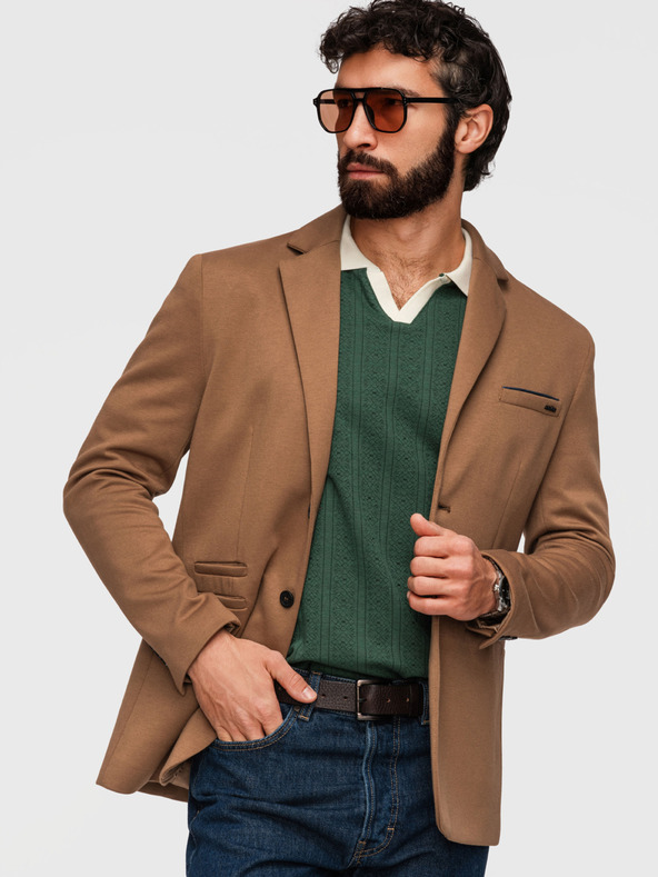 Ombre Clothing Pletené pánske sako SLIM FIT na mieru - svetlo hnedé V4 M170 Ombre Clothing