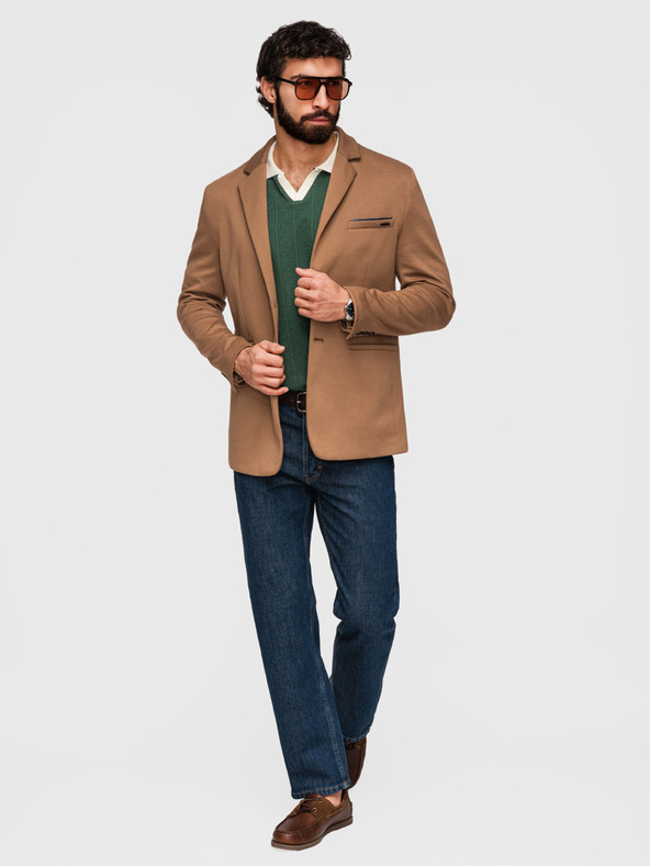 Ombre Clothing Pletené pánske sako SLIM FIT na mieru - svetlo hnedé V4 M170 Ombre Clothing