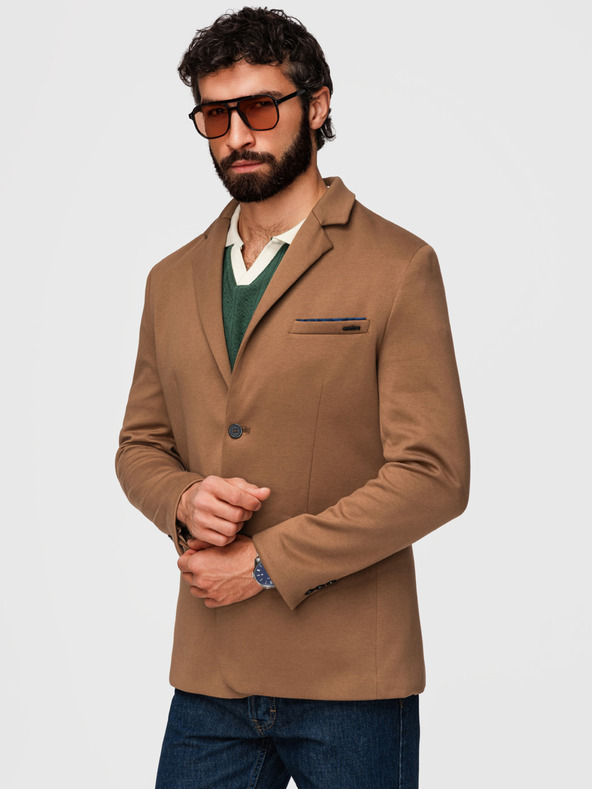 Ombre Clothing Pletené pánske sako SLIM FIT na mieru - svetlo hnedé V4 M170 Ombre Clothing