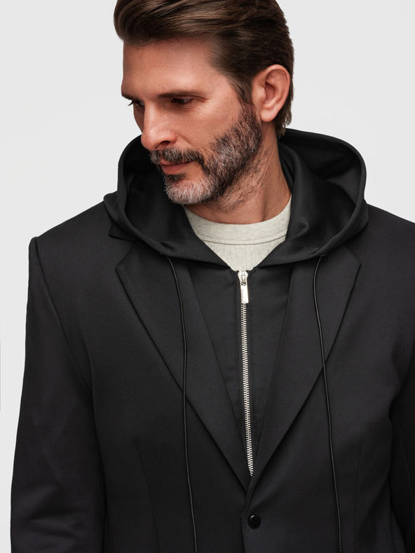 Ombre Clothing Štýlové pánske sako s odnímateľnou podšívkou a nastaviteľnou kapucňou - čierne V1 M168 Ombre Clothing