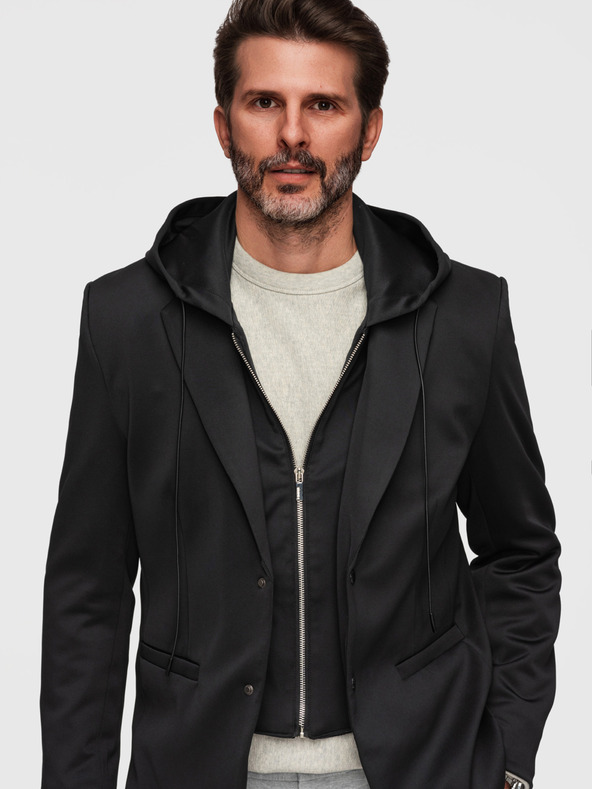 Ombre Clothing Štýlové pánske sako s odnímateľnou podšívkou a nastaviteľnou kapucňou - čierne V1 M168 Ombre Clothing
