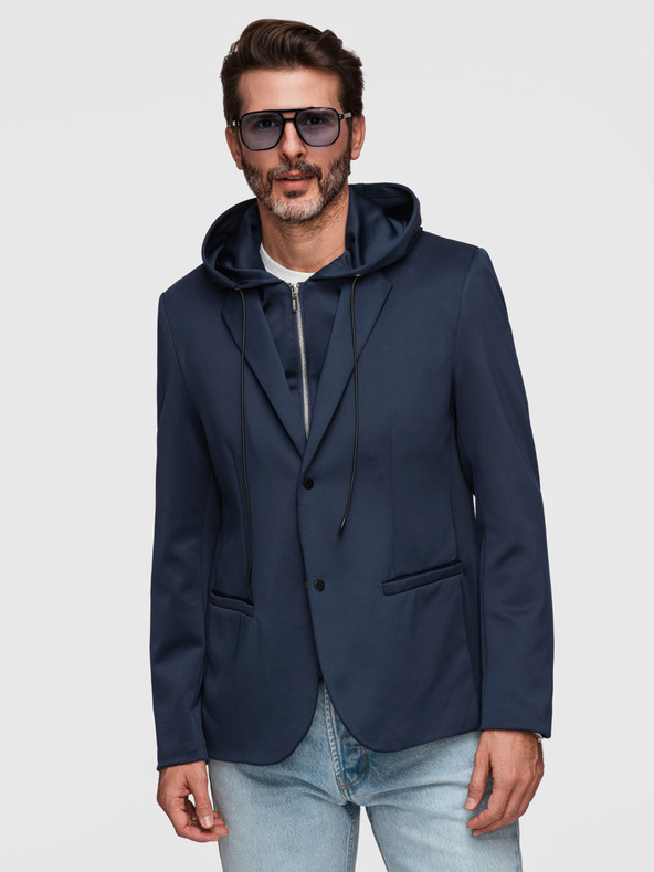 Ombre Clothing Štýlové pánske sako s odnímateľnou podšívkou a nastaviteľnou kapucňou - tmavo modré V2 M168 Ombre Clothing